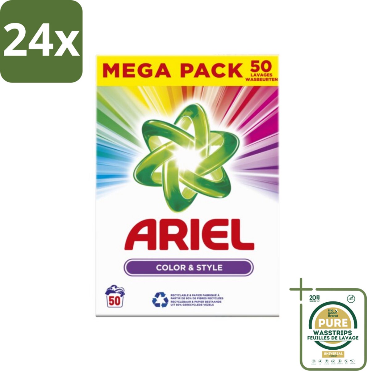 Ariel Color & Style - Waspoeder - Gekleurde Was - 50 Wasbeurten - Voordeelverpakking - 24 stuks - Ariel Color & Style - Kleurverzorging