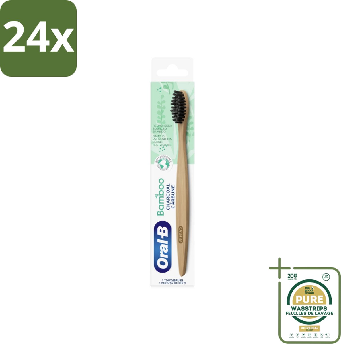 Oral-B - Tandenborstel - Bamboe - Houtskool - 1 Tandenborstel - Voordeelverpakking - 24 stuks - Duurzame tandenborstel - Ecologische tandenborstel