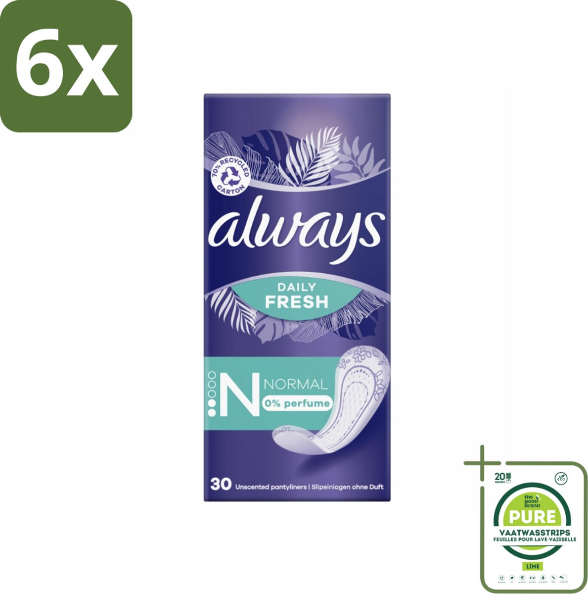 Always Daily Fresh - Inlegkruisjes - Normaal - Ongeparfumeerd - 30 Inlegkruisjes - Voordeelverpakking - 6 stuks - Inlegkruisjes - Always