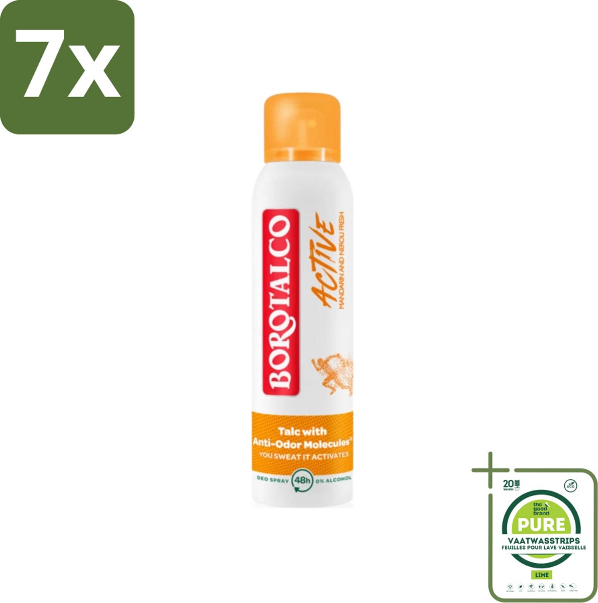 7 x Borotalco - Deodorant Spray - Active - Mandarin & Neroli Fresh - 0% Alcohol - 150 ml - Grootverpakking - Deodorant Spray - Antitranspirant - Mandarijn - Neroli - Frisse Geur
