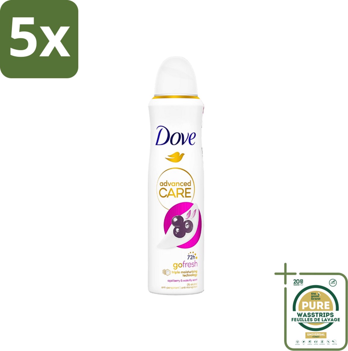 5 x Dove - Deospray - Acai Bes & Waterlelie - 150 ml - Grootverpakking - Acai Bes & Waterlelie Deospray - Deospray Oksels - Deodorant Oksels - Geur Oksels - Transpiratie Bescherming