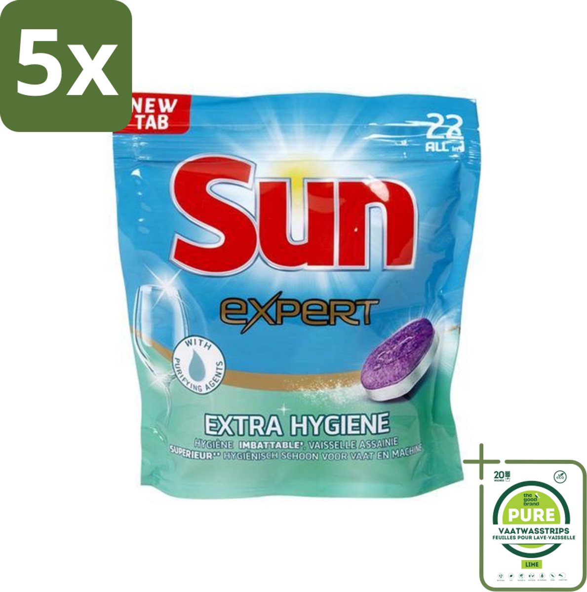 5 x Sun Expert - Extra Hygiëne - Vaatwastabletten - 22 Tabletten - Grootverpakking - Vaatwastabletten - Vaatwasser - Reiniging - Hygiëne - Kalkvrij
