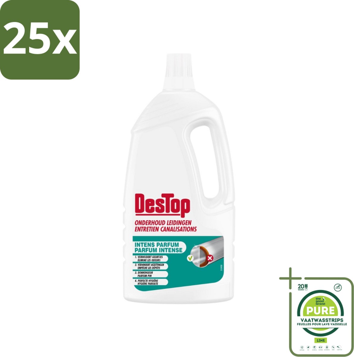 25 x DesTop - Onderhoud Leidingen - Frisse Dennen geur - 4-in-1 Werking - 1,5L - Grootverpakking - Leidingen Schoonmaken - Leidingen Ontstoppen - Geur Neutraliseren - Leidingen Reinigen - Frisse Geur