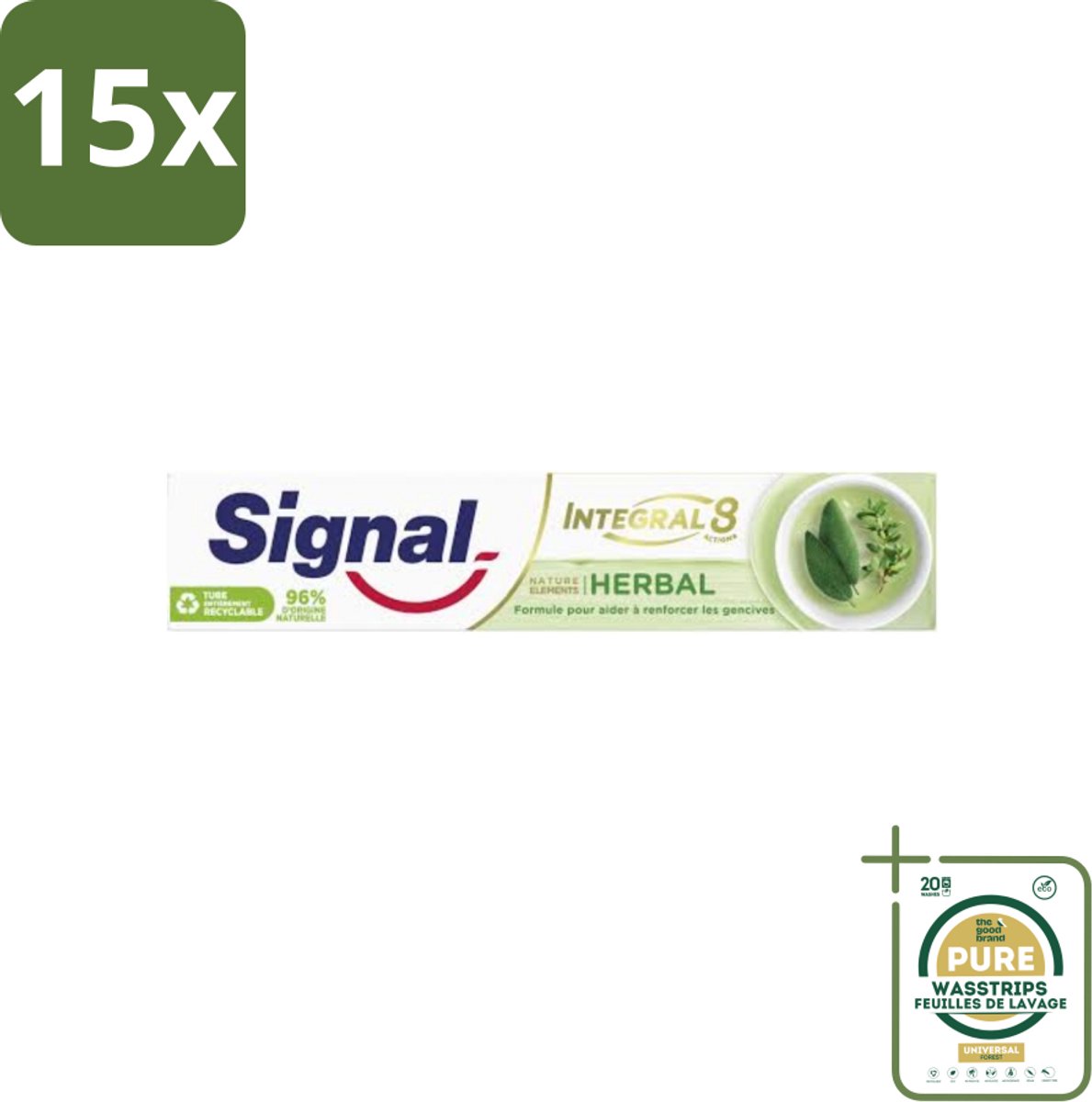 15 x Signal - Integral & Actions - Tandpasta - Natuurlijke Kruiden - Gerecyclede Verpakking - 75 ml - Grootverpakking - Tandpasta - Natuurlijke Kruiden - Fluoride - Tandbederf - Tandplak