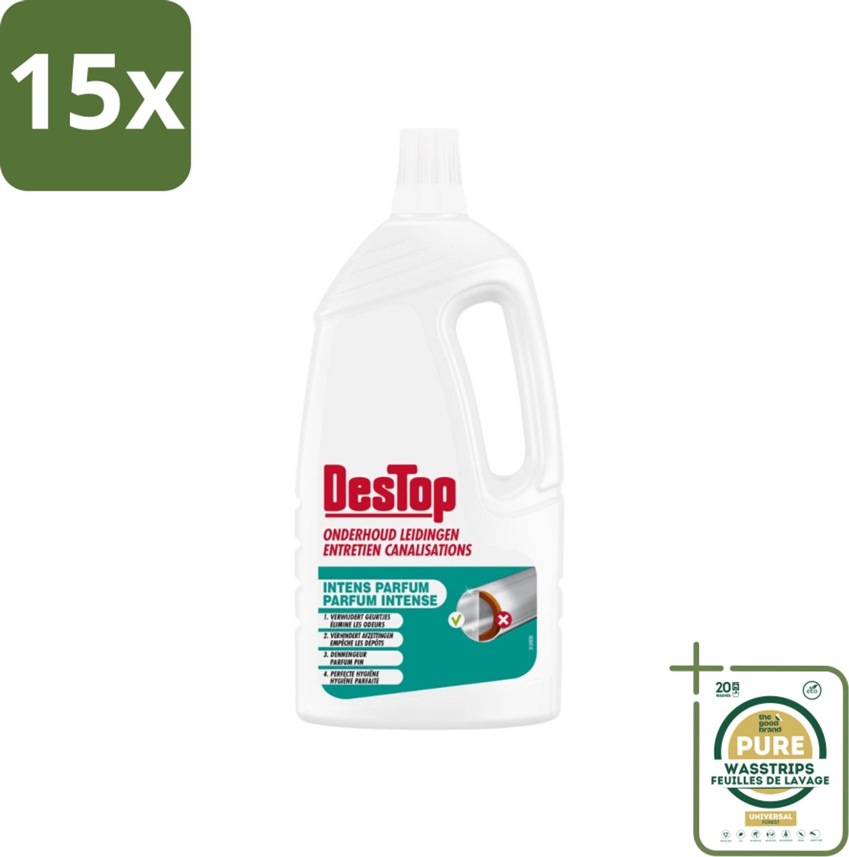15 x DesTop - Onderhoud Leidingen - Frisse Dennen geur - 4-in-1 Werking - 1,5L - Grootverpakking - Leidingen Reinigen - Geur Neutraliseren - Leidingen Onderhouden - Verstopping Voorkomen - Hygiëne