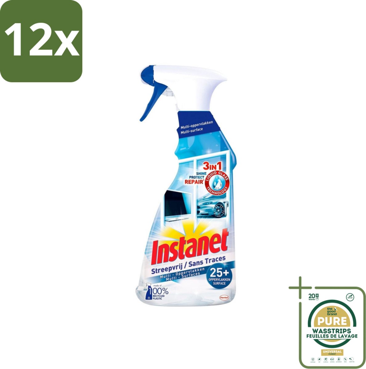 Instanet - Schoonmaakspray - Streepvrij - 3 in 1 - Multi-Oppervlakken - 725 ml - Voordeelverpakking - 12 stuks - Streepvrij - Glasreiniger