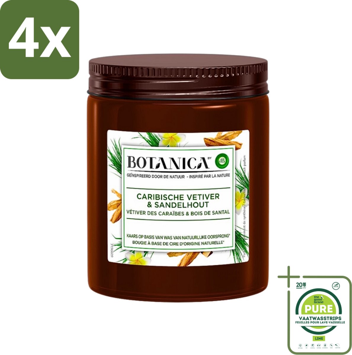Botanica by Air Wick - Geurkaars - Vetiver & Sandelhout - 40 Uur Brandduur - Voordeelverpakking - 4 stuks - Geurkaars - Sandelhout