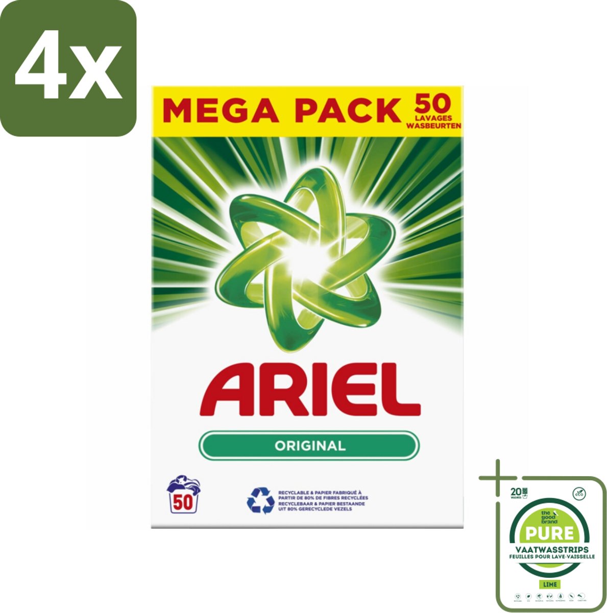 Ariel Original - Waspoeder - Witte en Lichtgekleurde Was - 50 Wasbeurten - Voordeelverpakking - 4 stuks - Ariel Original - Waspoeder