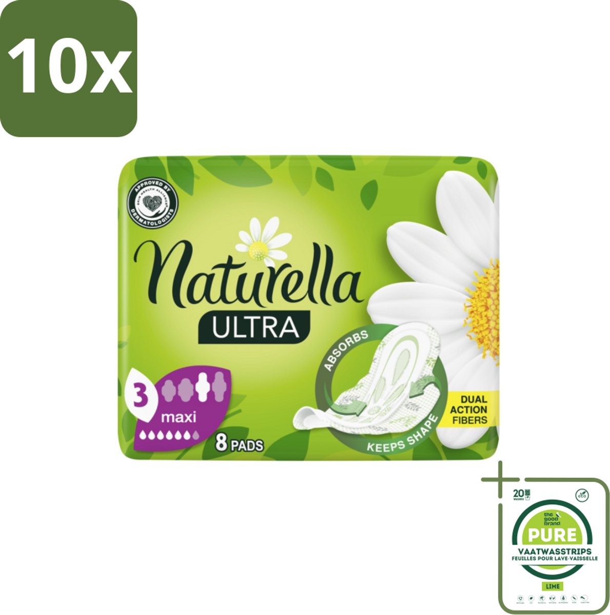 10 x Natur'ella - Ultra - Maandverband - Maxi - 8 Pads - Grootverpakking - Maandverband Maxi - Maandverband Zware Dag - Maandverband Nacht - Maandverband Ultra - Maandverband Camomille