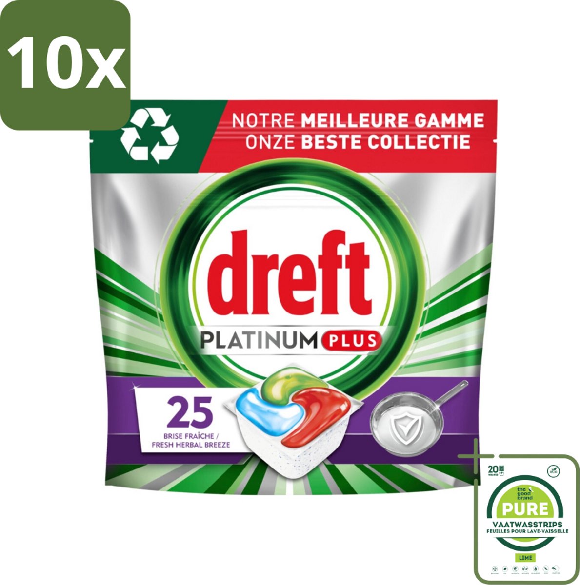 10 x Dreft Platinum Plus - Vaatwascapsules - Deep Clean Boosted - Fresh Herbal Breeze - 25 Afwasbeurten - Grootverpakking - Vaatwascapsules - Vaatwas - Diepe Reiniging - Glans - Frisse Geur