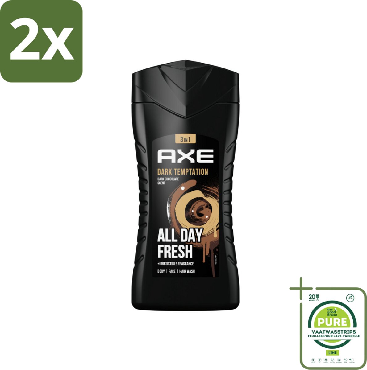 Axe - 3-in-1 Douchegel - Dark Temptation - Dark Chocolate - 12hrs Long Lasting Scent - 250 ml - Voordeelverpakking - 2 stuks - Douchegel - Axe