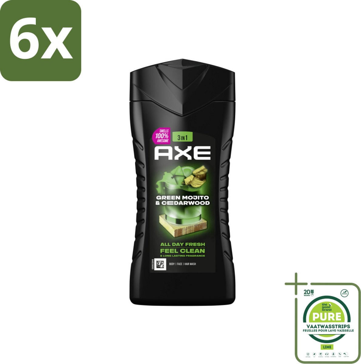 Axe - 3-in-1 Douchegel - Wild Mojito & Cedarwood - 12hrs Long Lasting Scent - 250 ml - Voordeelverpakking - 6 stuks - Douchegel - Deodorant