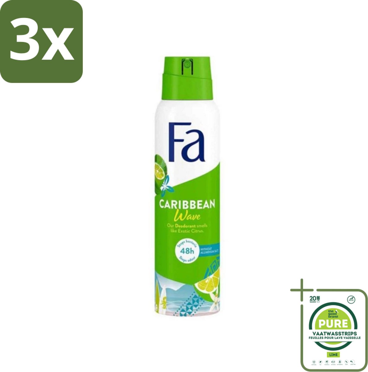 3 x Fa Deodorant Spray Lime Squeeze 150 ml - Grootverpakking - Deodorant Spray - Fa Caribbean Wave - Citroen Deodorant - Langdurige Bescherming - Frisse Geur