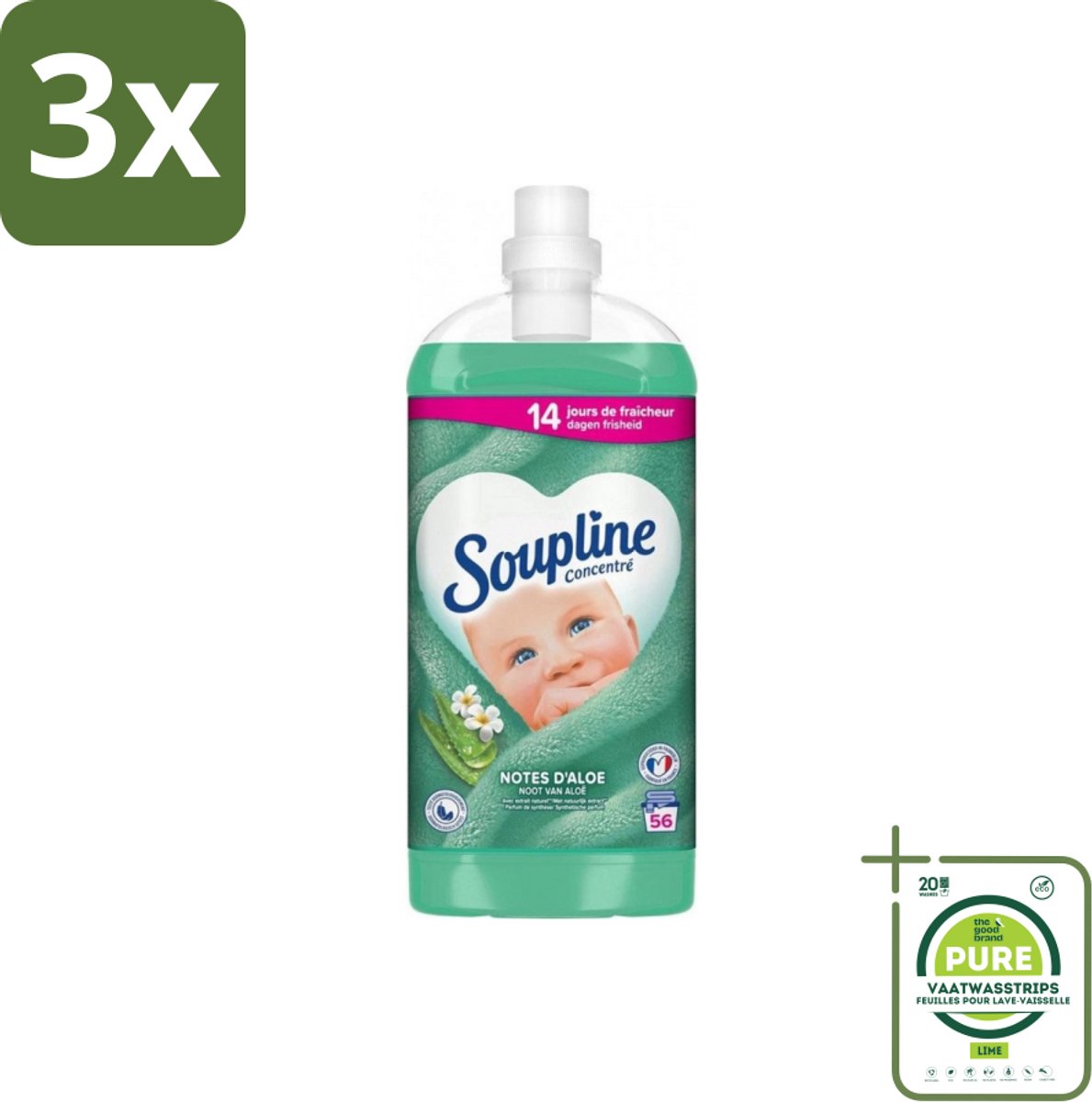 3 x Soupline - Wasverzachter - Aloë Vera - 56 Wasbeurten - 1.3L - Grootverpakking - Wasverzachter - Aloë Vera - Frisheid - Zachtheid - Wasgoed