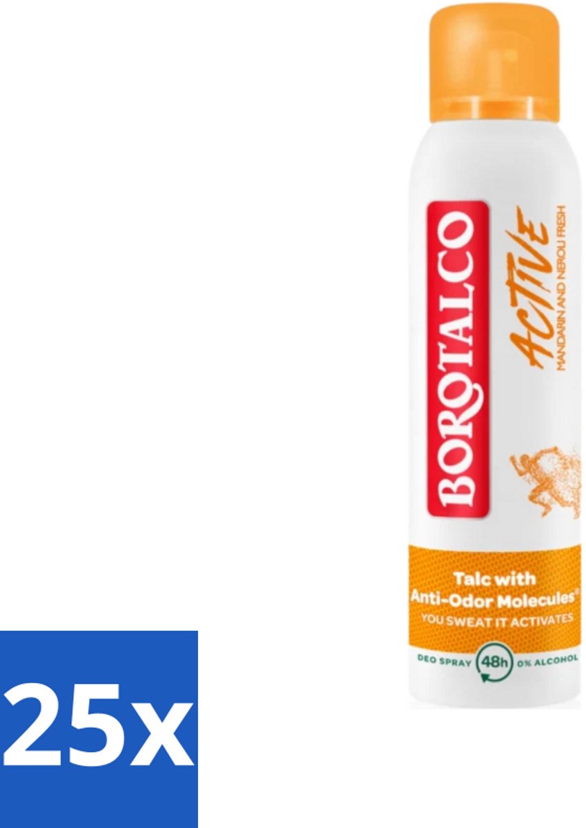 25 x Borotalco - Deodorant Spray - Active - Mandarin & Neroli Fresh - 0% Alcohol - 150 ml - Deodorant Spray - Mandarijn En Neroli - Geur - Transpiratie - Geurvervoeging