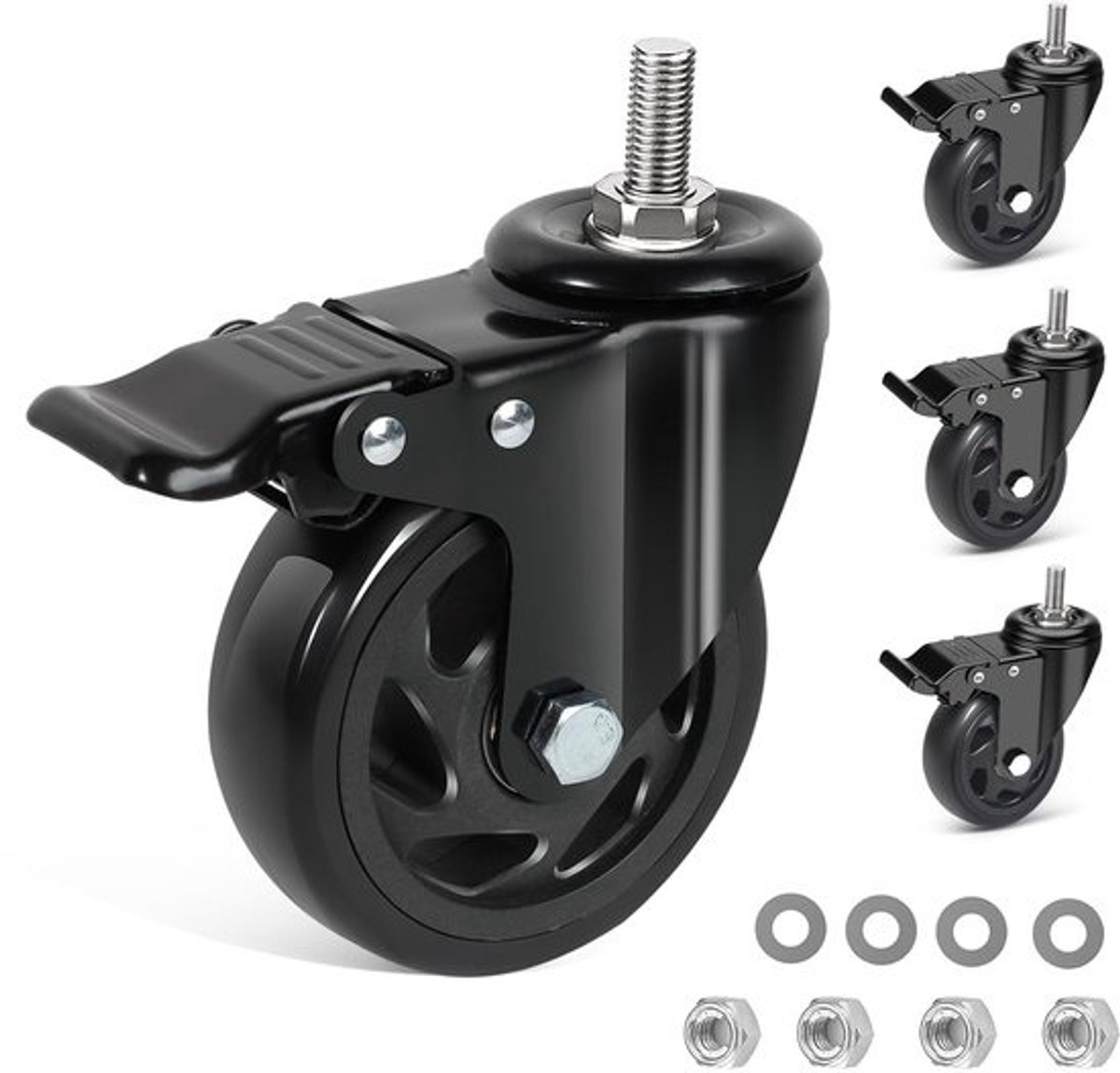 Zwenkwielen met rem 100 mm - stil en sporen vrij - set van 4