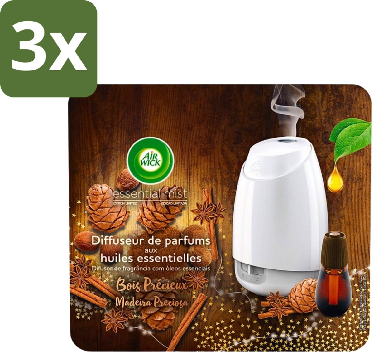 3 x Air Wick Essential Mist - Starterkit - Edelhout - 20ml - Essentiële Olie - Geurverspreider - Kostbaar Hout - Luchtgeur - Warme Geur