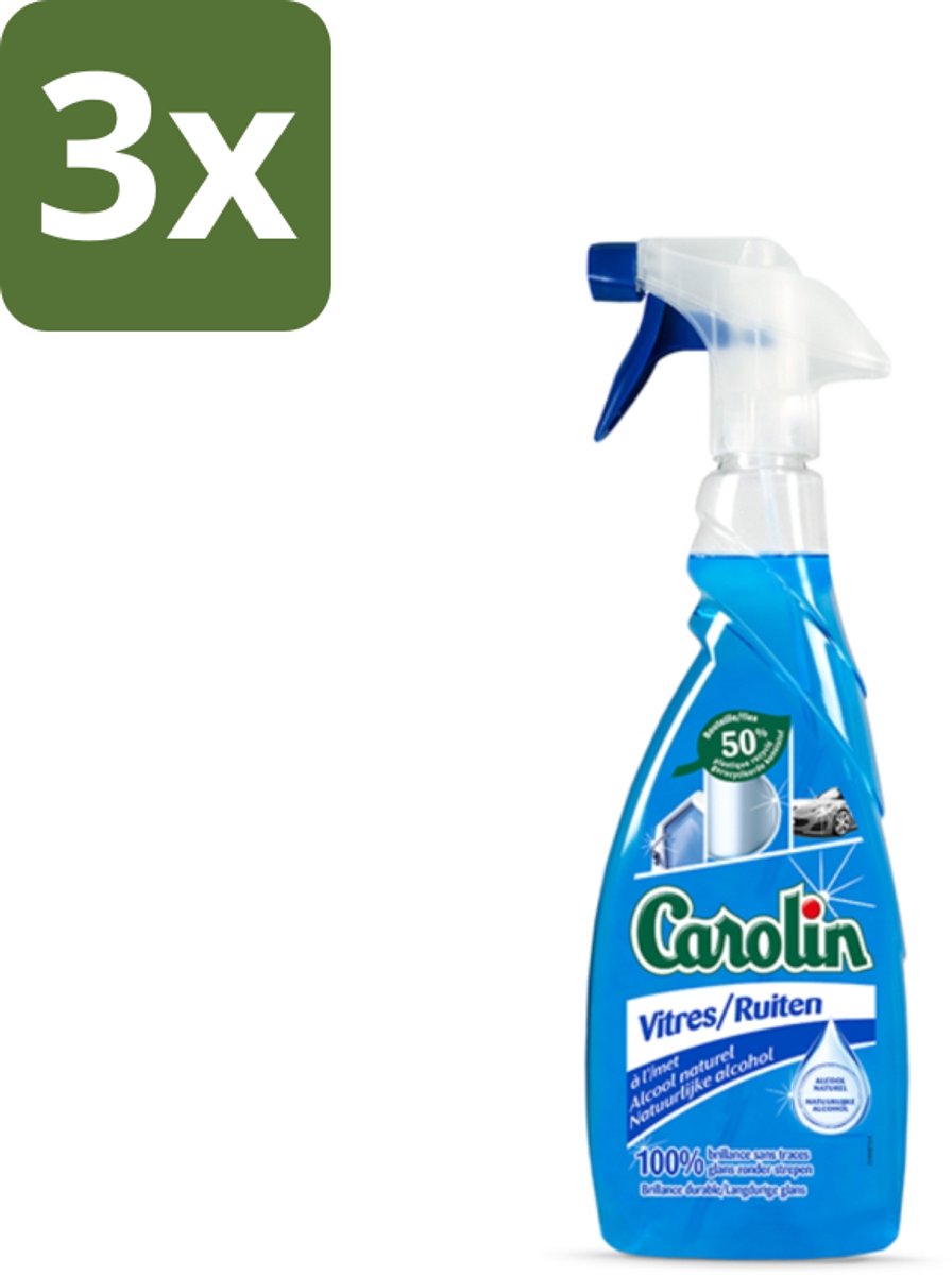 3 x Carolin - Glas- en Ruitenreiniger - Met Natuurlijke Alcohol - 650 ml - Glas Reiniger - Ruiten Reiniger - Natuurlijke Alcohol - Schone Ramen - Streeploze Glans