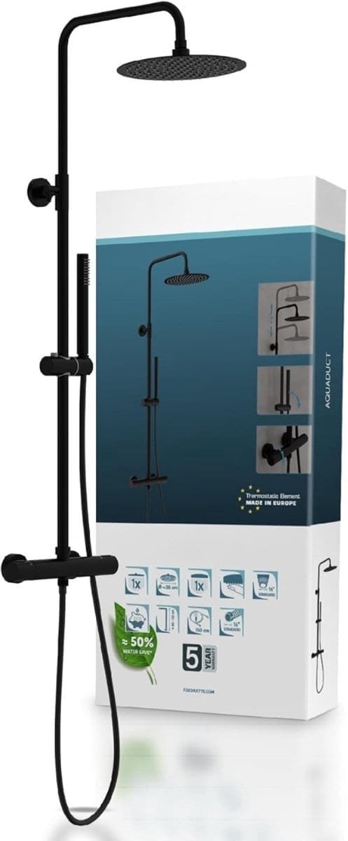 Klarven® Douchepaneel Zwart met Thermostaatkraan - Regendouche, Waterbesparend, Modern Design - B 150 x D 25 x H 125 cm