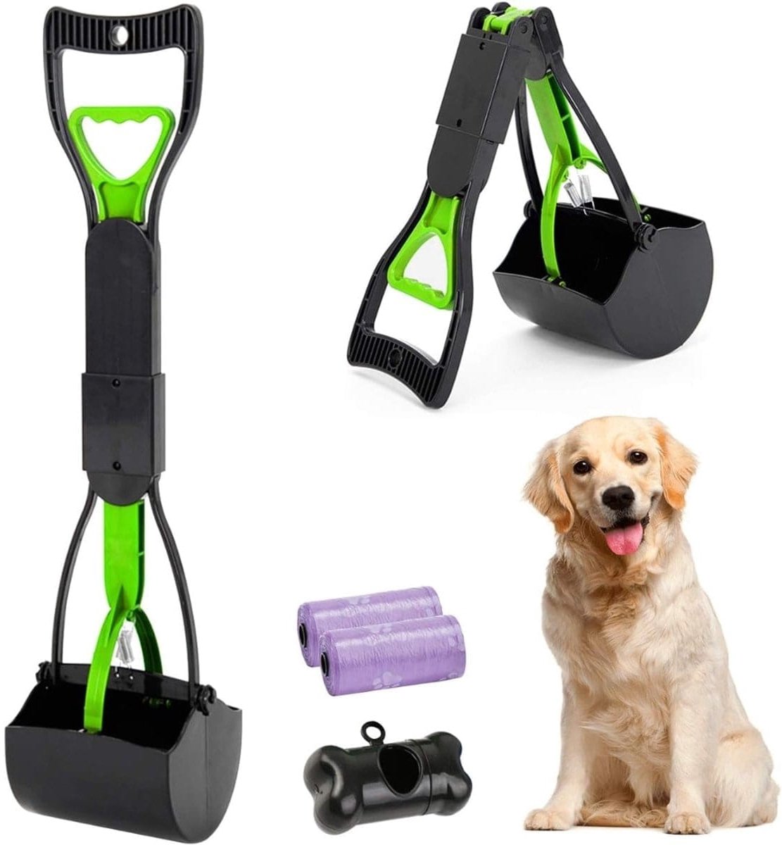 Klarven® Hondenpoepschep Groen - Lange steel 61cm - Opvouwbaar draagbaar - Hygiënisch schoon