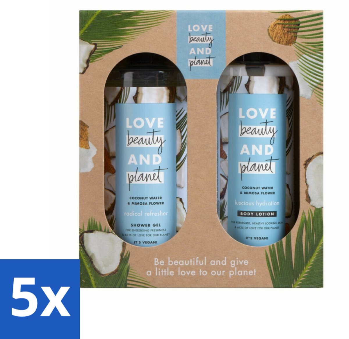 5 x Love Beauty and Planet - Douchegel & Bodylotion - Kokoswater & Mimosabloem - Duo Geschenkset - Kokoswater - Mimosabloem - Vegan Bodylotion - Showergel - Duurzame Verzorging