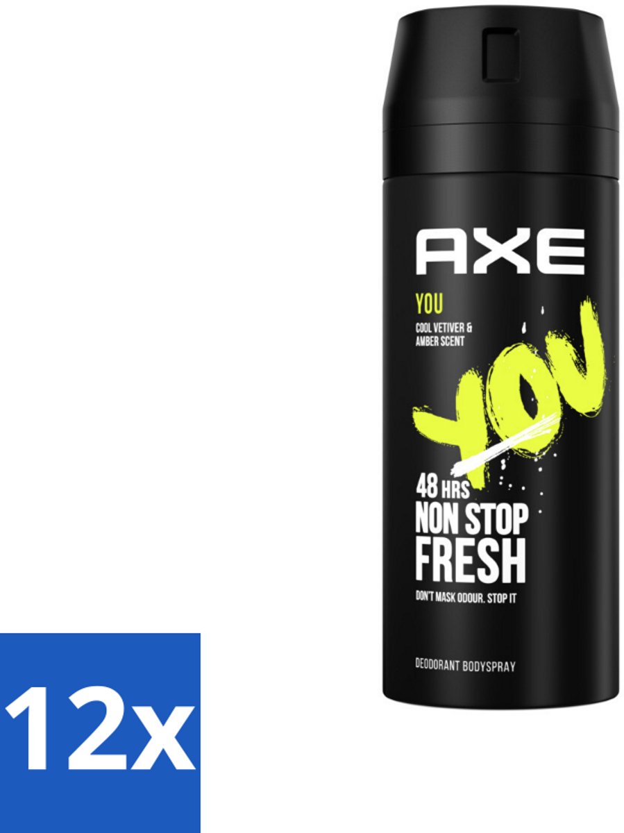 12 x Axe - Deodorant Bodyspray - 48hrs Fresh - You - Cool Vetiver & Amber - 150 ml - Deodorant - Deodorant Spray - Axe - 48 Uur Bescherming - Geurbestrijding