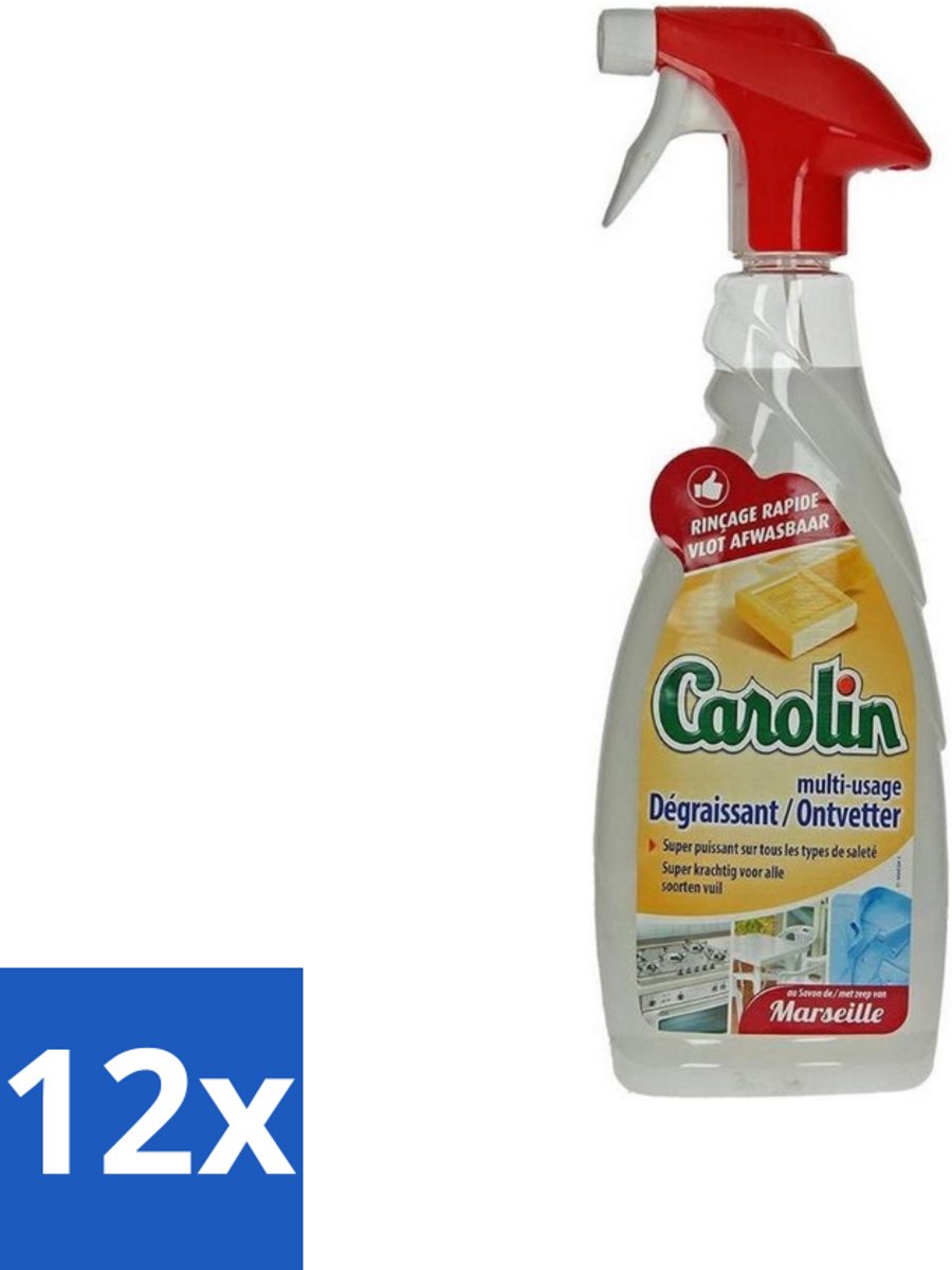 12 x Carolin - Keukenreiniger - Ontvetter - 650 ml - Keukenreiniger - Ontvetter - Marseillezeep - Vetvlekken Verwijderen - Hardnekkig Vuil
