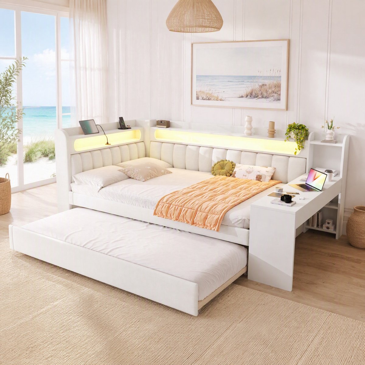 Wishdor Bedframe 140x200 cm - Met LED-verlichting en USB - Uitrekbed en bureau - Modern design - Slaapkamer volwassenen wit - MDF en stof - 237 x 153,5 x 93,5 cm