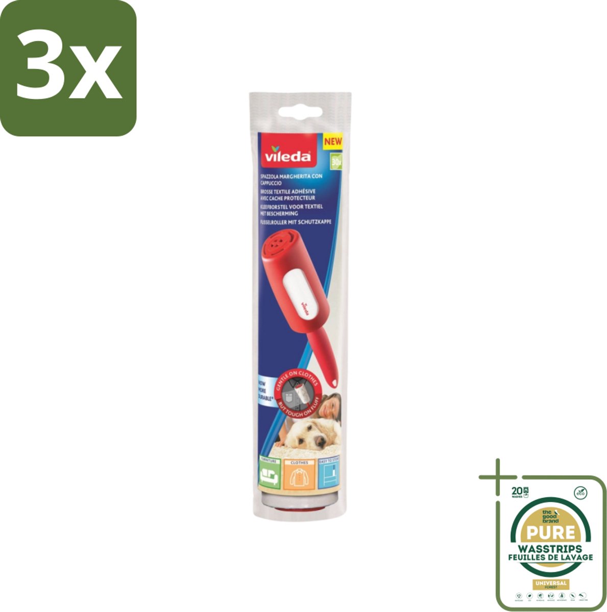 3 x Vileda - Lintroller - Pluisverwijderaar - Inclusief Beschermkap - 30 Vellen - Grootverpakking - Pluisverwijderaar - Pluisjes Verwijderen - Stofdeeltjes Verwijderen - Haren Verwijderen - Textiel Reinigen