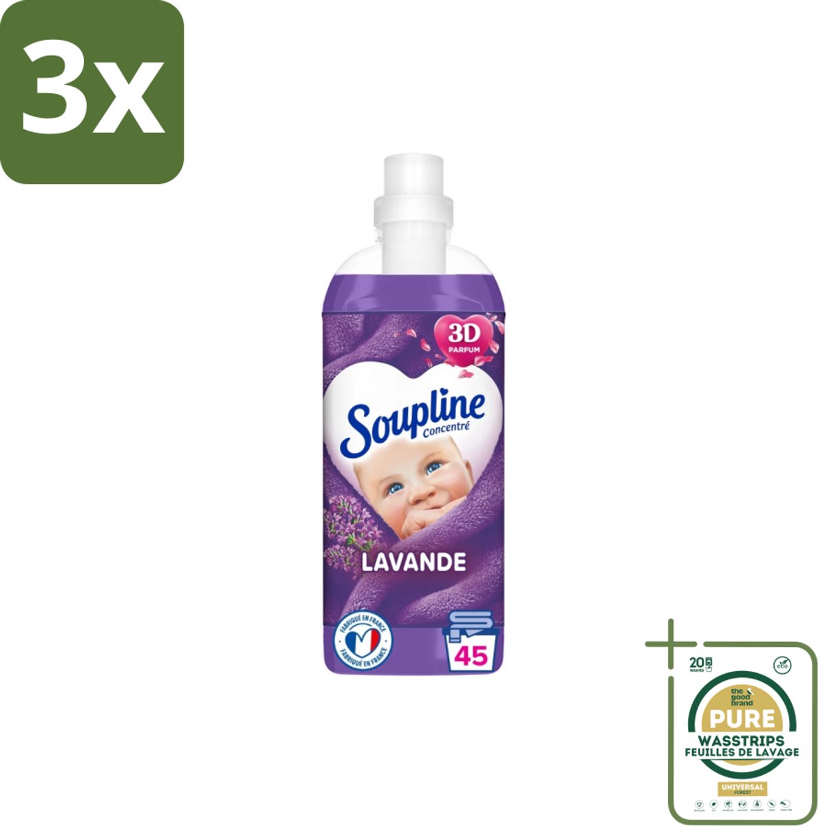 3 x Soupline - Wasverzachter - Lavendel - 45 Wasbeurten - 1L - Grootverpakking - Wasverzachter - Wasgoed Verzorgen - Wasresultaat - Wasmachine - Wasverzachter Lentebloesem