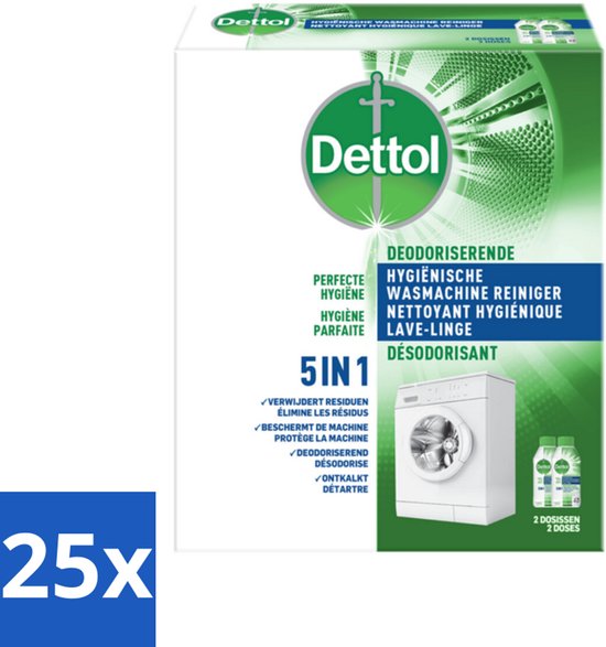 Dettol, nettoyant hygiénique 5-en-1 pour machine à laver. Élimine les résidus, protège la machine, désodorise et détartre. Blanc avec inscription verte et bleue. Inclut 2 doses.
