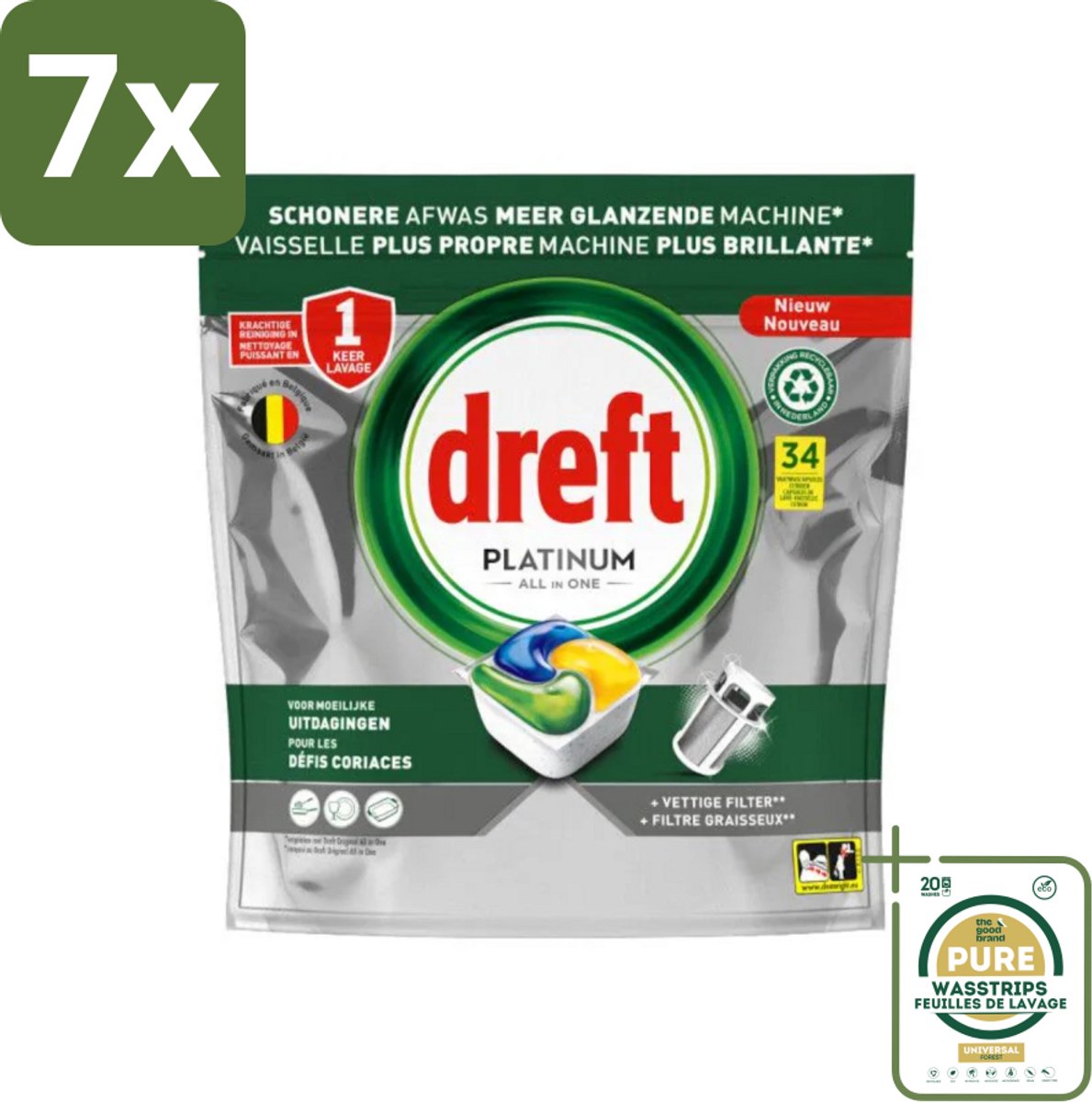 7 x Dreft Platinum - All In One - Vaatwascapsules - Citroen - 34 Afwasbeurten - Grootverpakking - Vaatwasmiddel - Vaatwascapsule - Citroengeur - Vaatwasser Reinigen - Vetfilter Reinigen