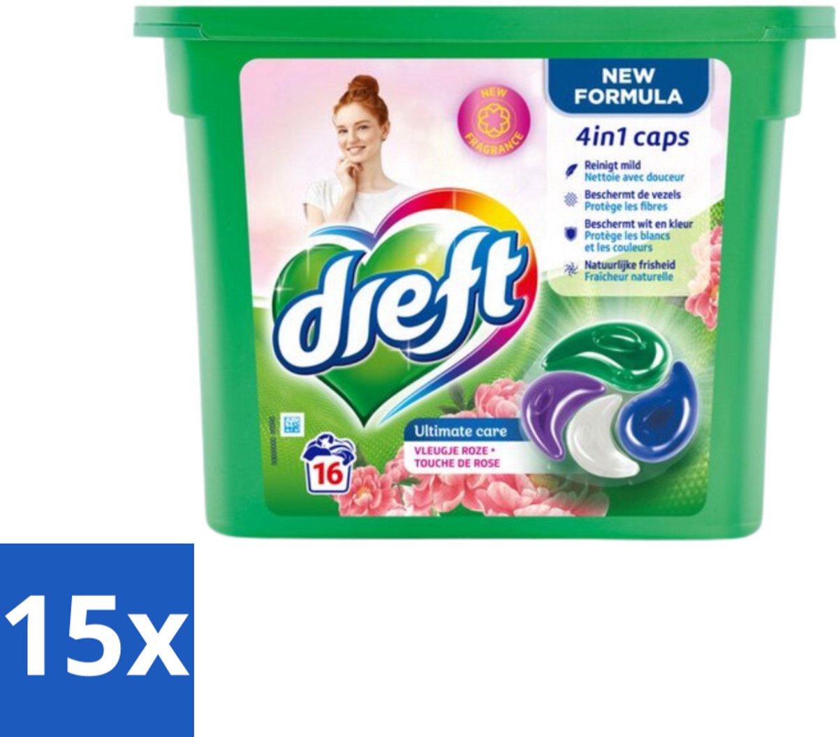 15 x Dreft - Nieuwe Formule - Wasmiddelcapsules 4in1 - Witte en Gekleurde Was - Vleugje Roze - 16 Wasbeurten - Wasmiddelcapsules - Wasbeurten - Kleurbescherming - Frisheid - Wasgoed