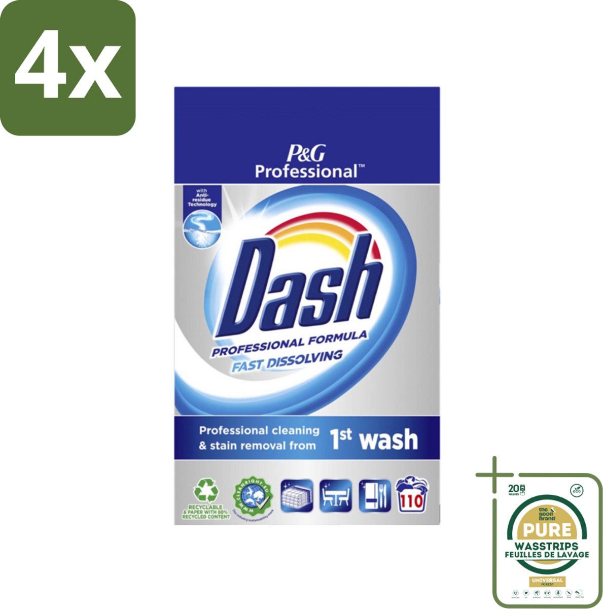 Dash Professional - Snel Oplossend Waspoeder - Witte en Gekleurde Was - 110 Wasbeurten - Voordeelverpakking - 4 stuks - Vlekkenverwijderaar - Professionele was