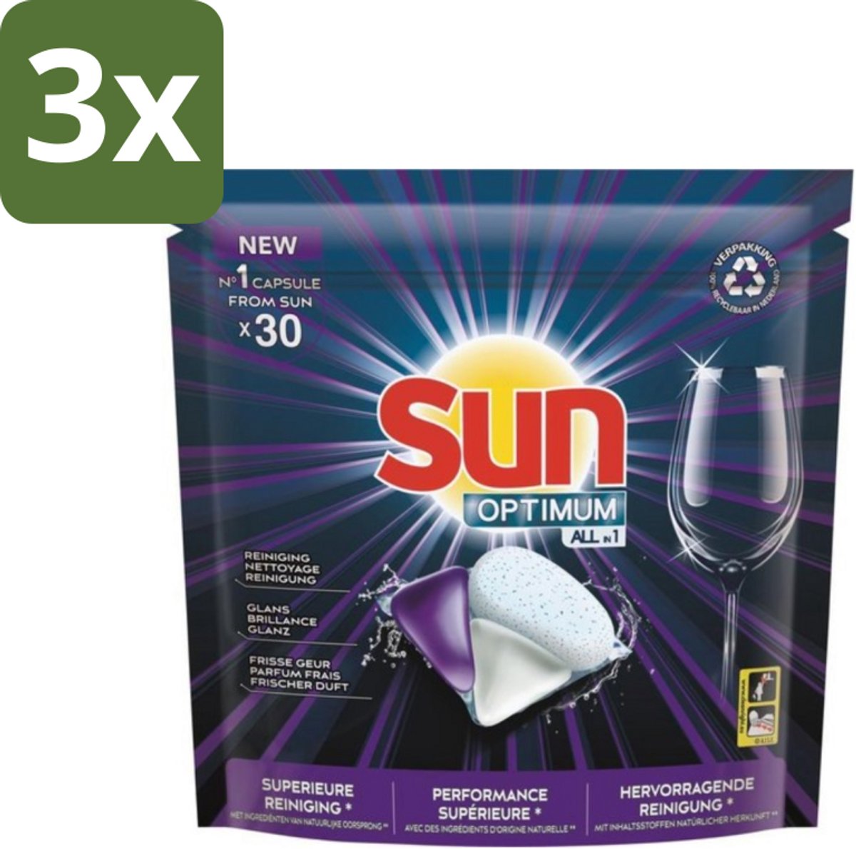 3 x Sun Optimum - All-in-1 - Vaatwasmiddel - Capsules - Maandbox - 30 Capsules - Vaatwasmiddel - Vaatwasmiddel Capsule - Vaatwasmiddel All-in-1 - Vaatwasmiddel Voor Vaatwasser - Vaatwasmiddel Met Spoelglans