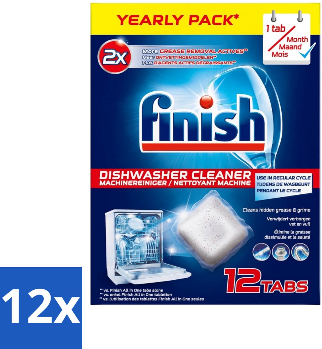 12 x Finish - Vaatwasmachinereiniger - Anti-Vet & Anti-Vuil - 12 Tabletten - Vaatwasser Reiniger - Vaatwasser Onderhoud - Vaatwasser Schoonmaken - Anti-vet Tabletten - Vaatwasser Tabletten