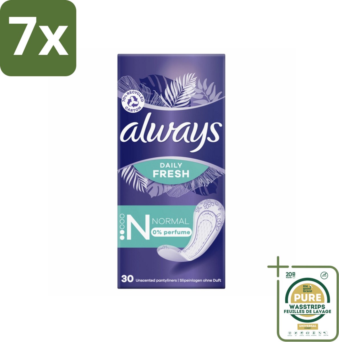 7 x Always Daily Fresh - Inlegkruisjes - Normaal - Ongeparfumeerd - 30 Inlegkruisjes - Grootverpakking - Inlegkruisjes - Geurneutralisatie - Actipearls - Dermatologisch Getest - Droog Gevoel