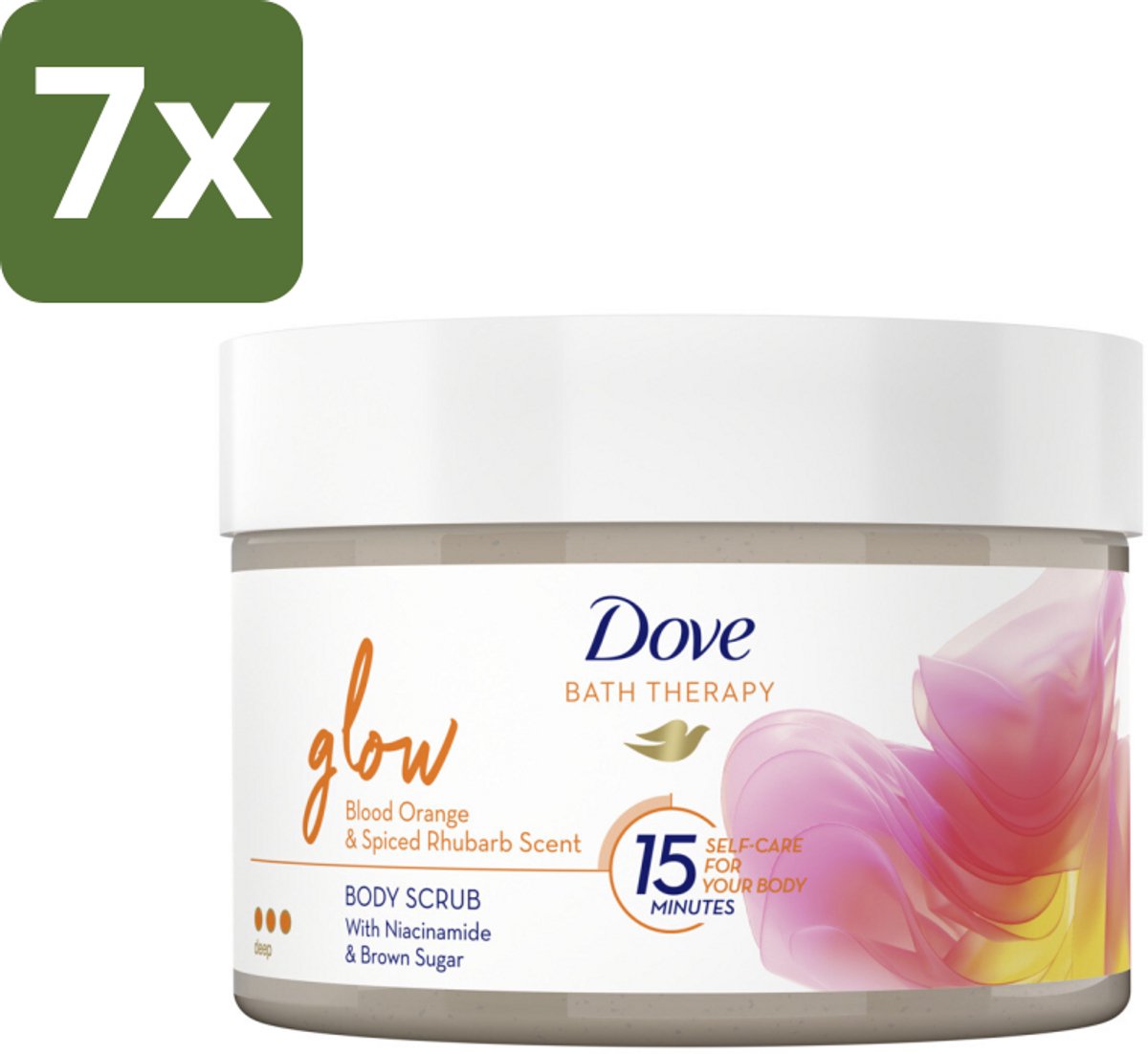 7 x Dove Bath Therapy Glow - Bodyscrub - Bloedsinaasappel & Rabarber - 295 ml - Huid Verzorging - Huid Stralen - Huid Glans - Huid Exfoliatie - Huid Hydratatie