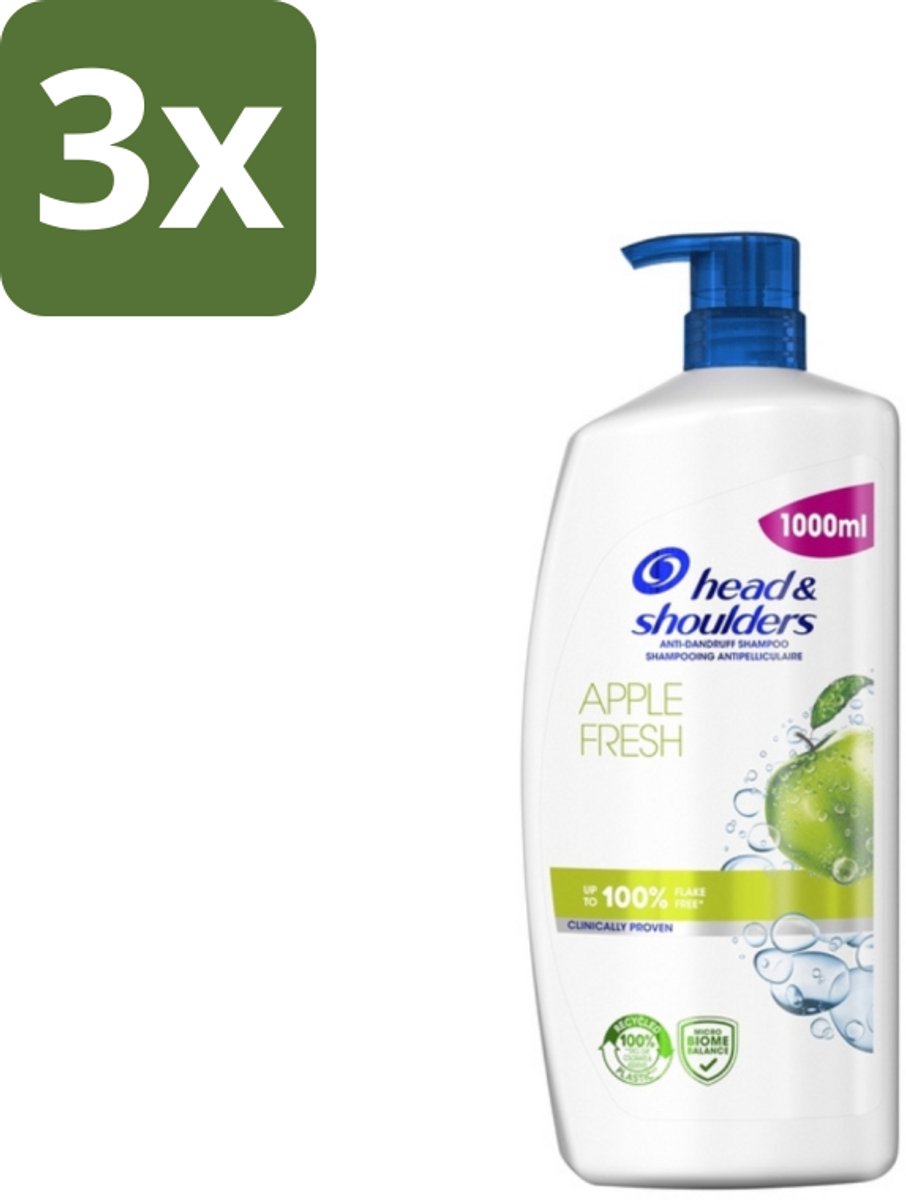 3 x Head & Shoulders - Anti-Roos Shampoo - Apple Fresh - Pompflacon - 1000 ml - Roosvrij Haar - Anti-roos Shampoo - Hoofdhuid Verzorging - Appelgeur Shampoo - Microbiome Balans