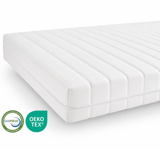 Wit Koudschuim matras van MIA Sleep met een geribbelde hoes, rits en CertiPUR-US en OEKO-TEX keurmerken.