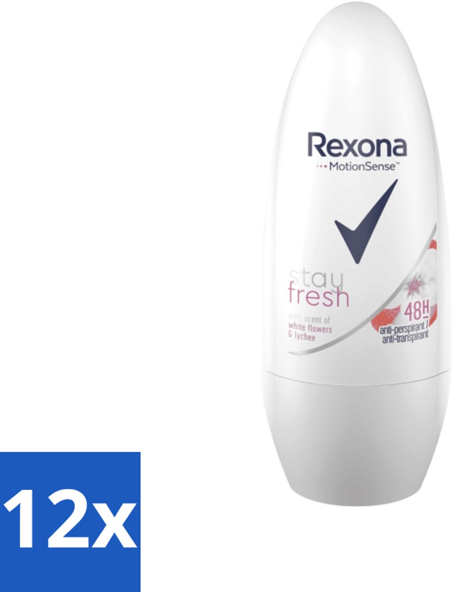 12 x Rexona - Deodorant Roller - Motion Sense - Stay Fresh - Witte bloemen & Lychee - Anti-Transpirant & Perspirant - 50ml - Rexona - Deodorant - Anti-transpirant - MotionSense - Witte Bloemen