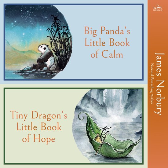 Twee boekenhoezen: 'Big Panda's Little Book of Calm' met een panda aan een meer en 'Tiny Dragon's Little Book of Hope' met een draak in een peul, door James Norbury.