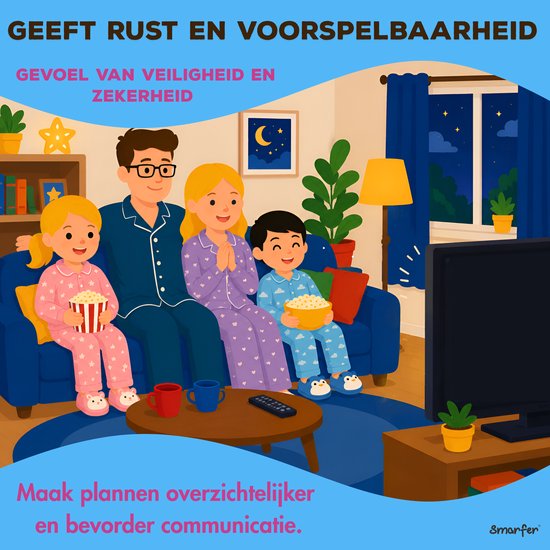 Gezin in pyjama's kijkt TV met popcorn. Geeft rust en voorspelbaarheid.