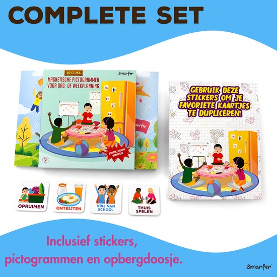 Complete set magnetische pictogrammen voor dagelijkse planning inclusief stickers en opbergdoosje.