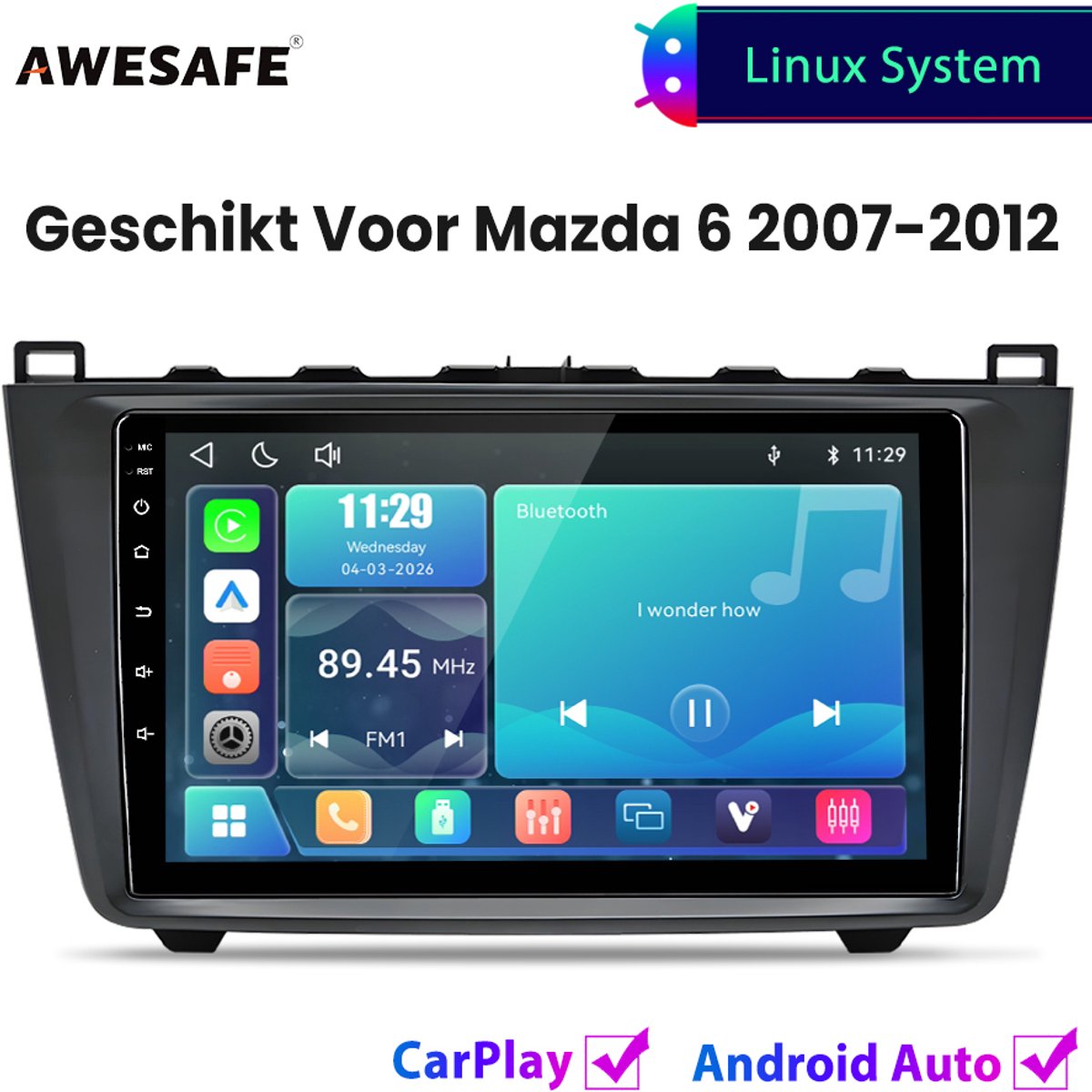 Awesafe Autoradio - Geschikt Voor Mazda 6 2007 t/m 2012 - Draadloos Carplay Android Auto - Linux systeem - Touchscreen - Bluetooth Wifi - 2007 2008 2009 2010 2011 2012