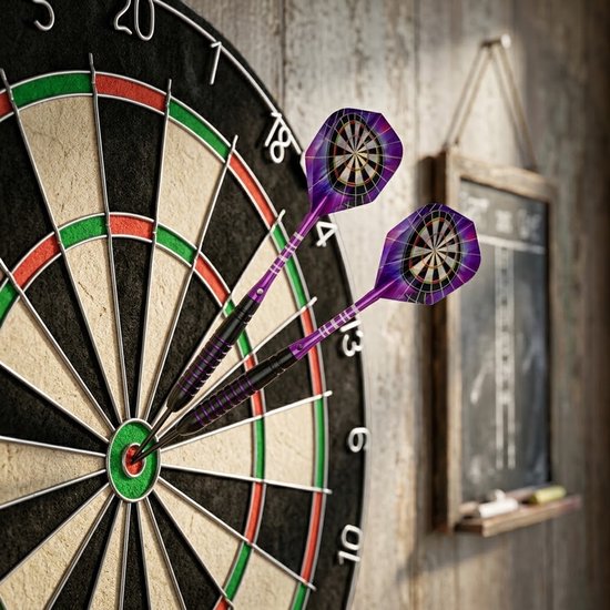 Paars zwart dartpijlen set 3 stuks 24g dartpijlen heren dames metalen punt professionele darts met paarse shafts en dartbord flights — afbeelding 2