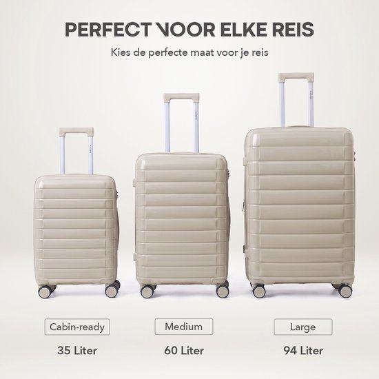Drie beige koffers van verschillende maten (35L, 60L, 94L) op een lichte achtergrond.