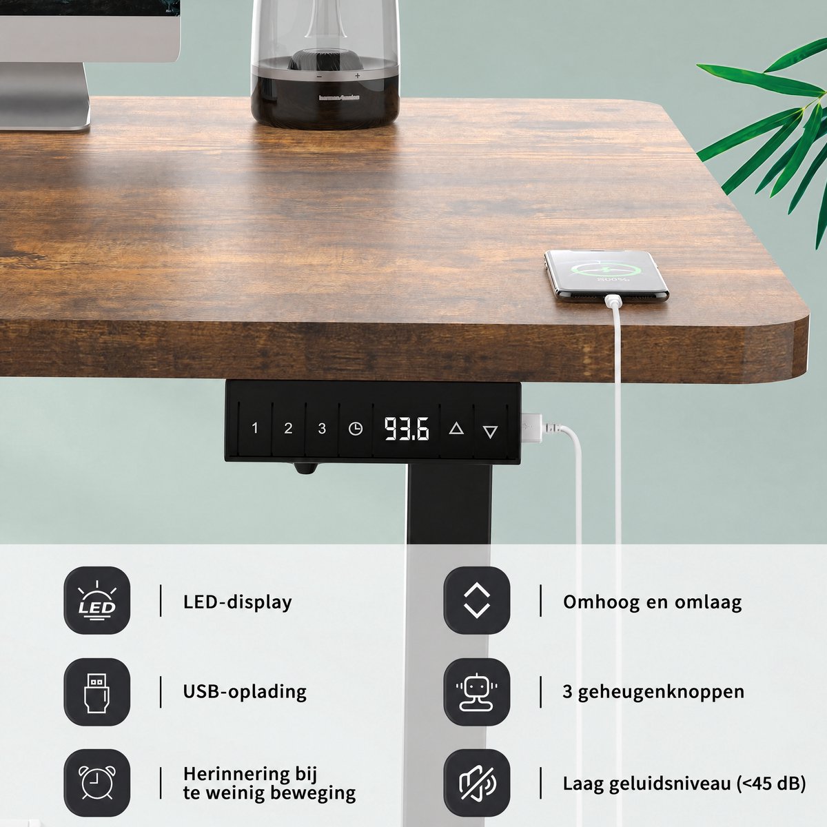 Devoko Elektrisch Zit-Sta Bureau 160x80 cm - 18 mm Bureaublad - Zit-herinnering - USB-poort - Gebrand houtlook/Zwart thumbnail 4