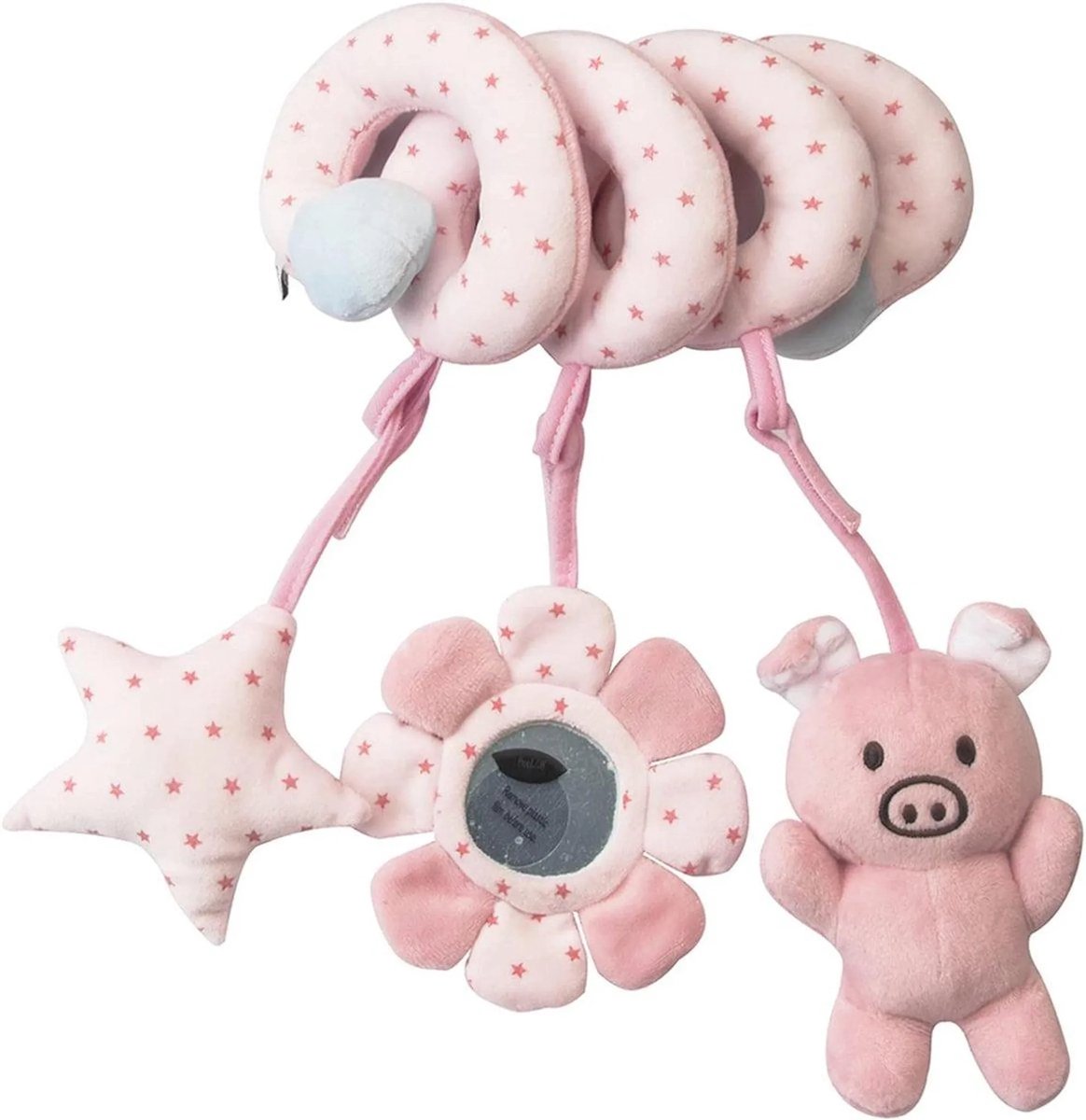 Babyspeelgoed - Roze biggetje spiraal pluchen speelgoed - Wagenhanger sensorische rammelaar met spiegeltje, zacht activiteitenspeelgoed voor pasgeborenen geschikt voor ledikant en autostoeltje, bevordert de zintuiglijke ontwikkeling van baby's