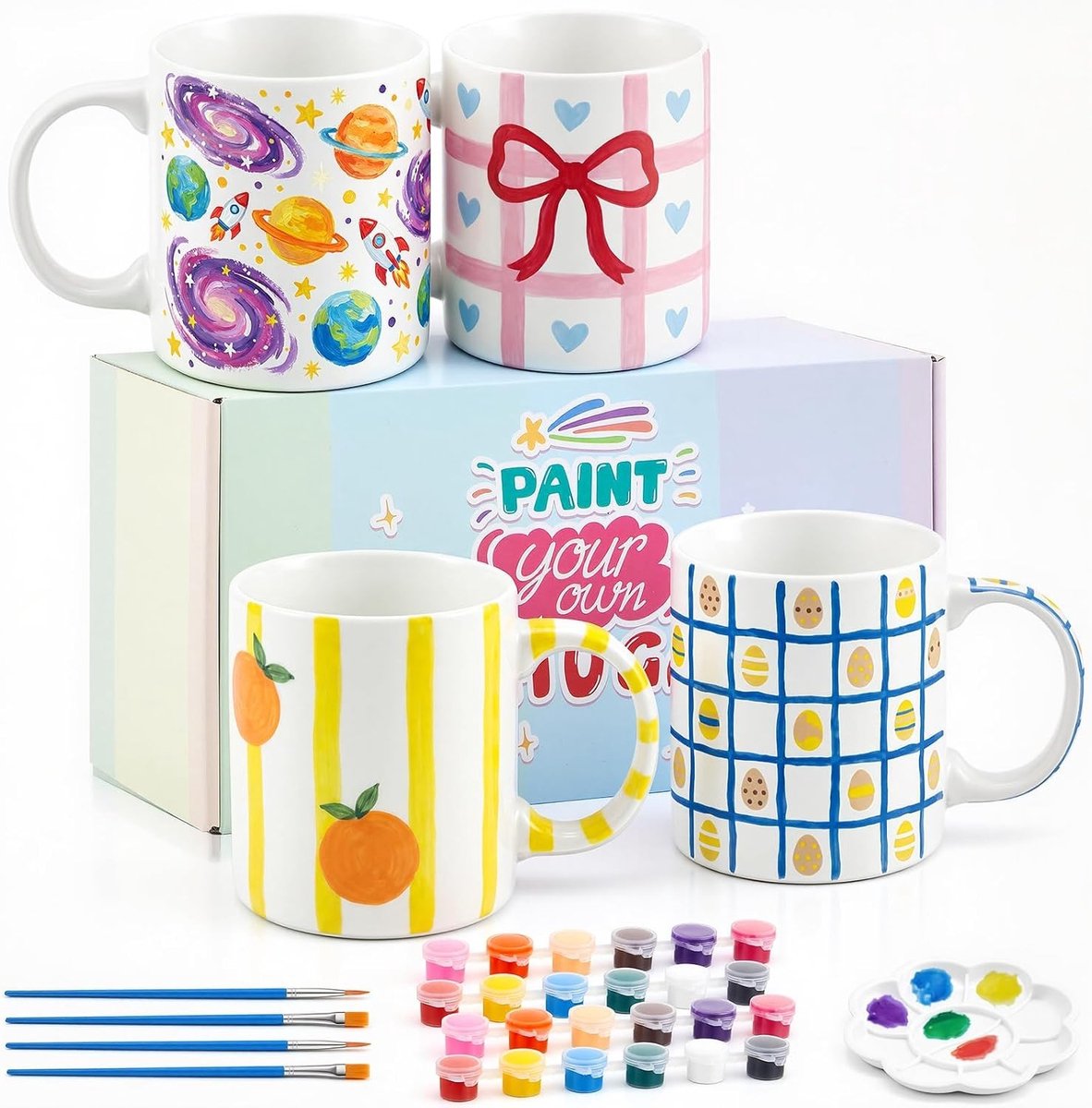 Creatieve Keramische Schilderset voor Kinderen met 4 Bekers, Kwasten, Paletten en DIY Kleuren - Perfect voor Handgemaakte Cadeaus en Kunstprojecten